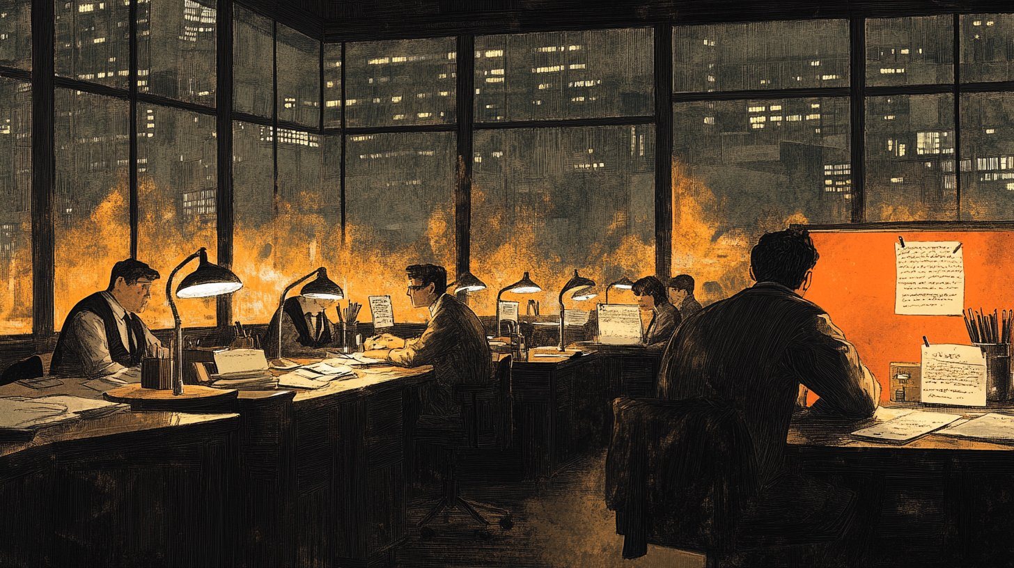 Hand-drawn editorial illustration of a late-night newsroom bullpen — reporters at a long desk under lamps, city lights through the windows behind them
