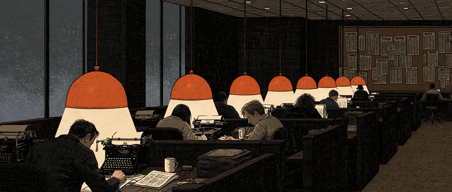 Hand-drawn editorial illustration of a newsroom after hours — a row of desks with typewriters under glowing orange pendant lamps, wire clippings pinned to a corkboard
