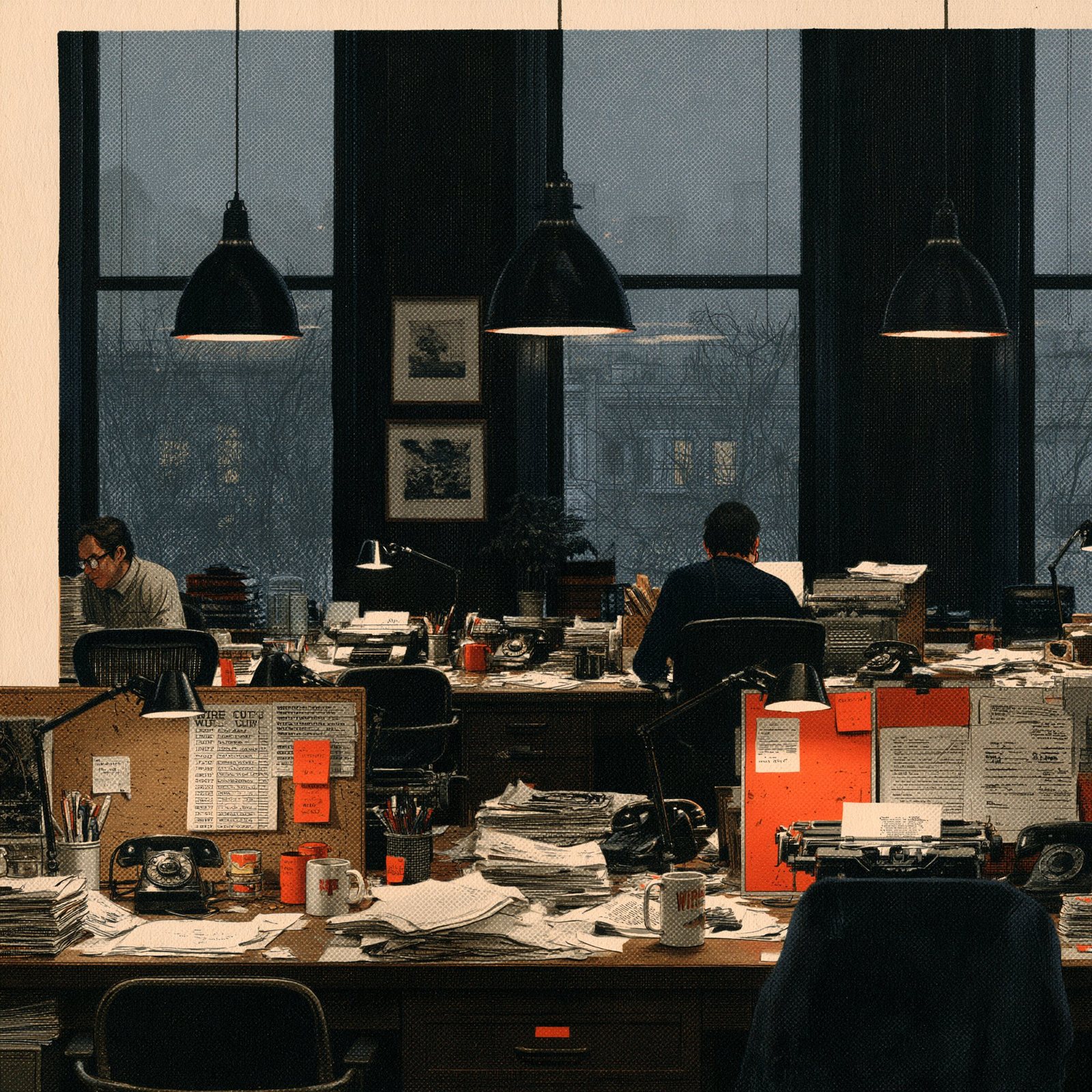 Hand-drawn editorial illustration of a late-night newsroom desk — two reporters working among stacks of paper, corkboards covered in wire copy and red notes